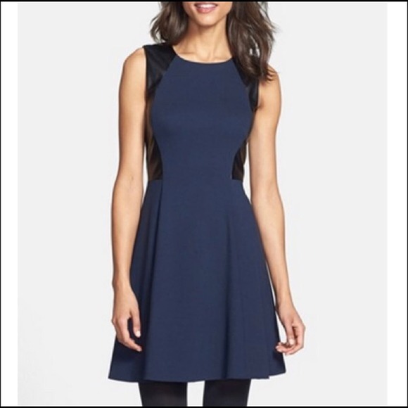 Eliza J Blue Dress with Black Leather Colorblock Side Panel, size 6 - Picture 7 of 12